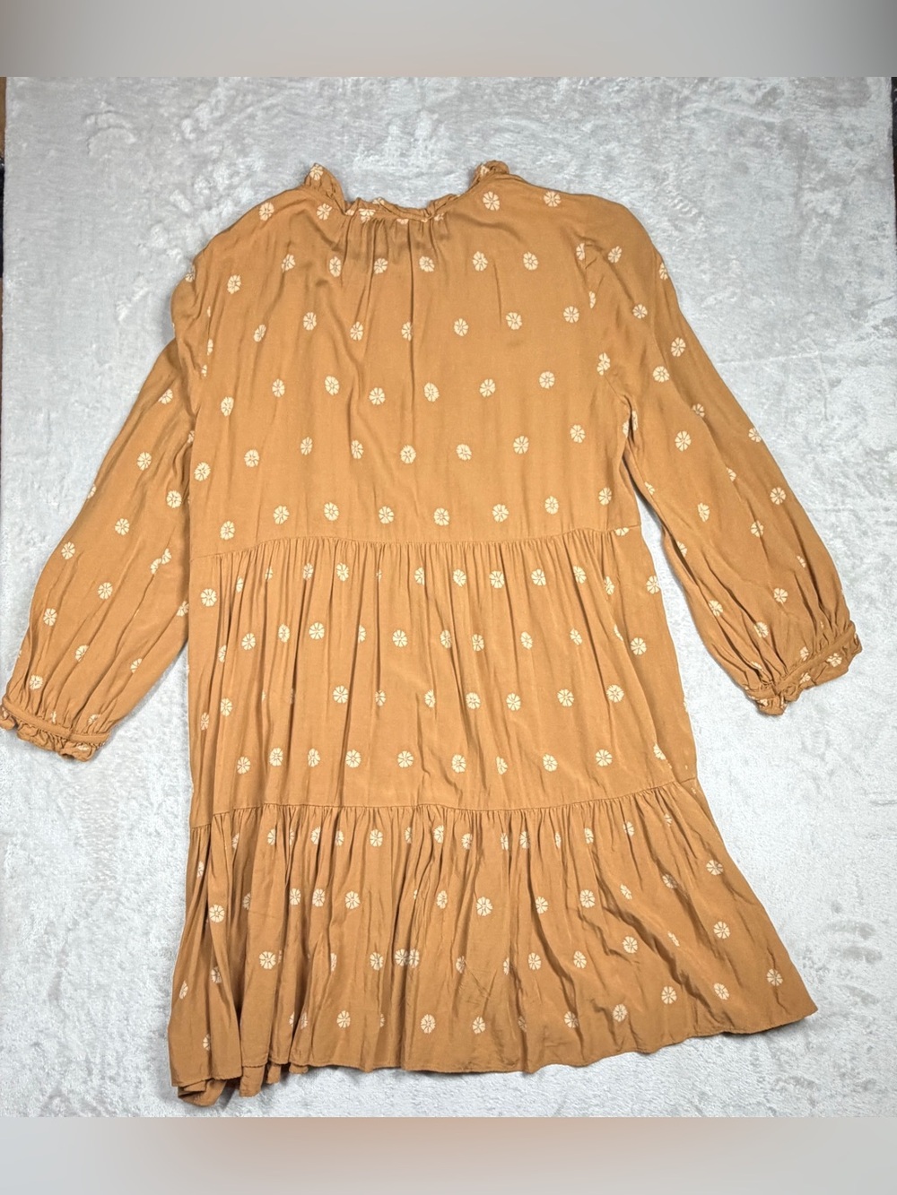 Madewell Bloom Dot Warm Hickory Cream Tan Tiered Ruffle Tie Neck Mini Dress M - Picture 14 of 17